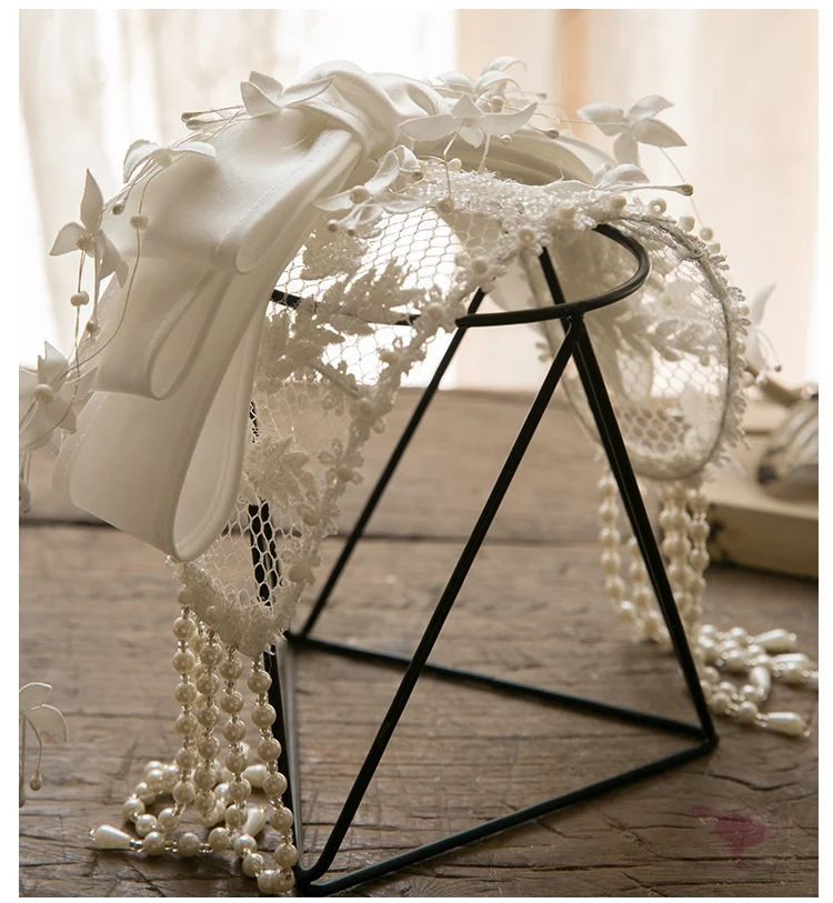 

2020 Luxury Hollow Out Mesh Satin Ribbon Hairbands White Flower Pearl Fringe Tassel Headband Bride Bowknot Hair Accessories New