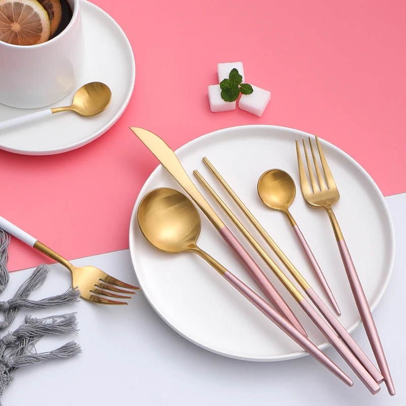 Розовая Золотая столовая посуда чайная десертная кофейная ложка вилка кухонные