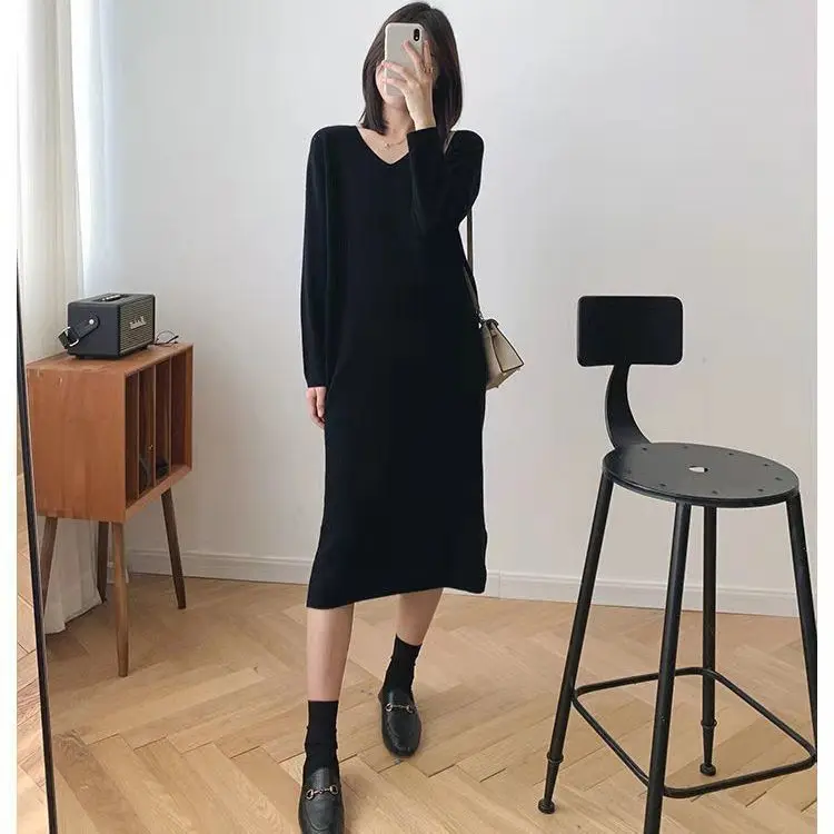 

2021 Women Chic V-neck Loose Long Sweater Dress Autumn Winter Straight Sweater Dress Female Casual Solid Warm Knitted Dress N137