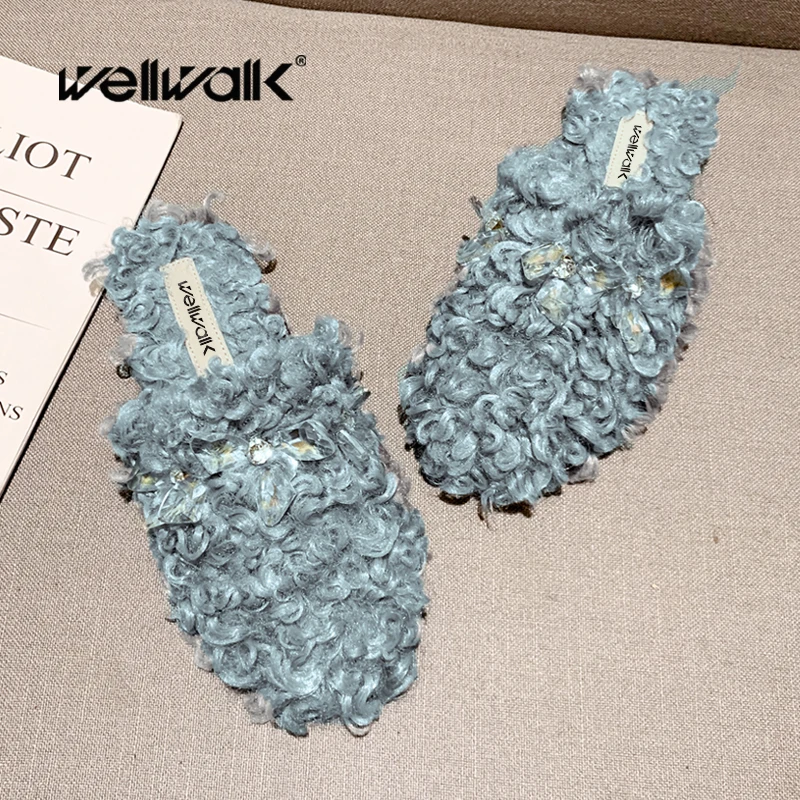 Меховые тапочки женская зимняя обувь плюшевые домашние Лоферы со стразами