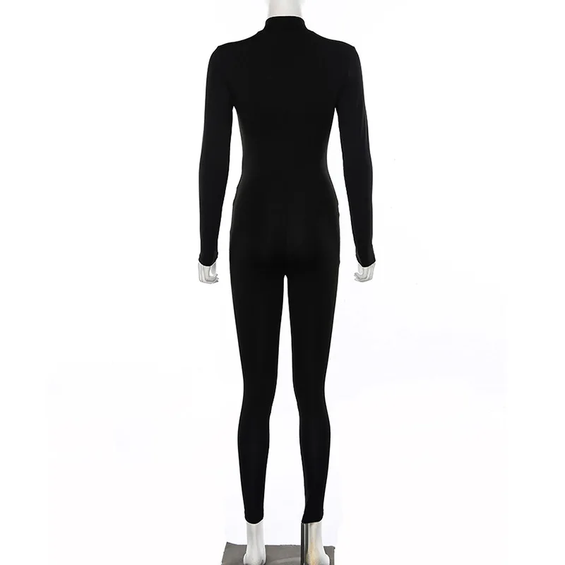 

NewAsia Striped Fitness Jumpsuit Women Zipper Patchwork Sporty Active Wear Long Sleeve Rompers Workout Bodycon Jumpsuits Black