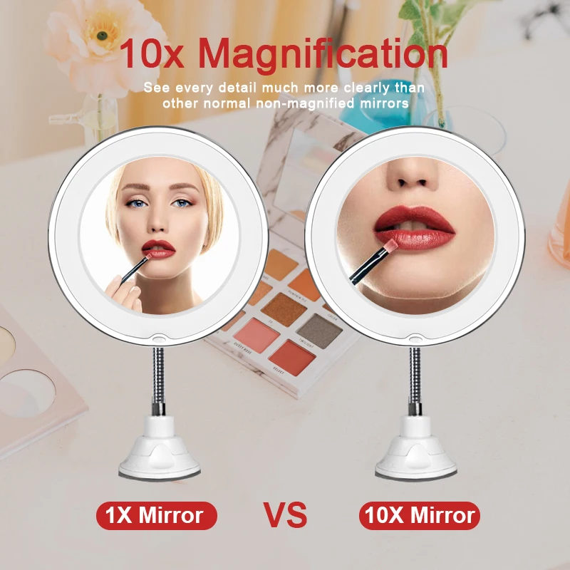 

360 Degree Swivel LED Lighted Makeup 10X Magnifying Mirror Flexible Wall Cup Swivel Travel Mirror for Bathroom Vanity Daylight