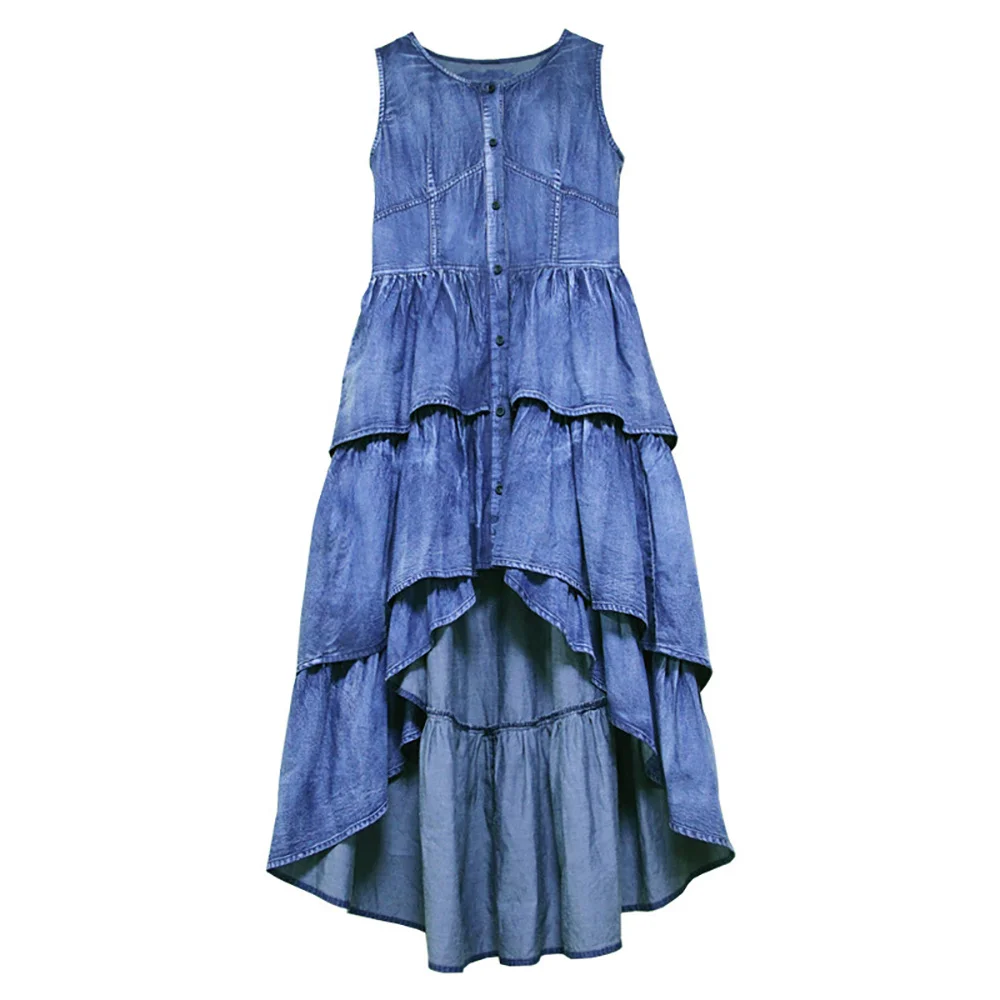 

YUANYUANJYCO Summer Women Mini Indie Folk Denim Dresses LYQ41 Vintage Ruffles Hem Asymmetrical O-Neck Sleeveless Short Clothes