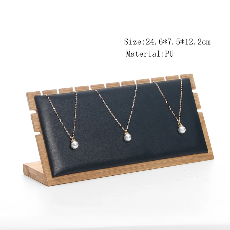 Black PU Бамбуковый черный/белый/бежевый держатель для ожерелья с подвеской, бархатный/Полиуретановый стеллаж для демонстрации ювелирных изделий, органайзер, витрина 24,6*7,5*12,2 см - Цвет: Black PU