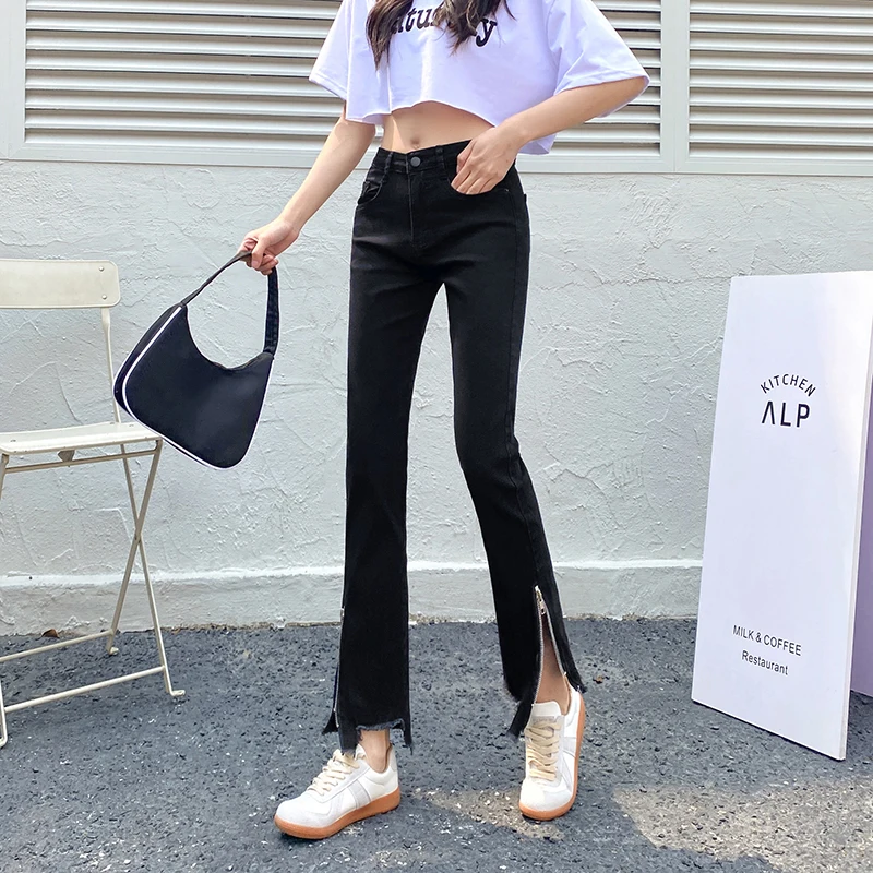 

Black zipper split micro trumpet jeans women's spring summer autumn 2021 new women's high waist slim pants