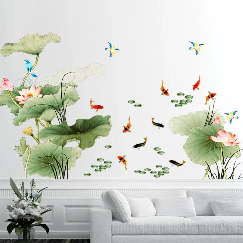 

Diy Large Lotus Leaves Flower Fish Living Room Home Decor Vinyl Wall Stickers Living Room Bedroom Tv Decoration Wallpaper