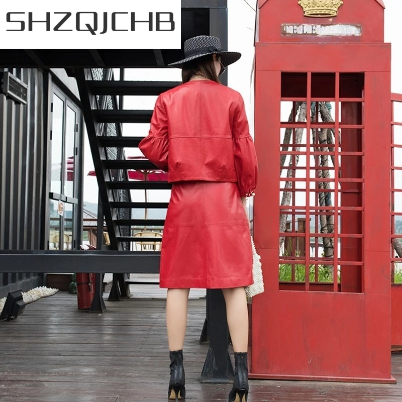 

JCHB 2021 Autumn Winter New Brand Womens Genuine Leather Jackets O-Neck Three Quarter Sleeve Loose Streetwear Short Coats Plus