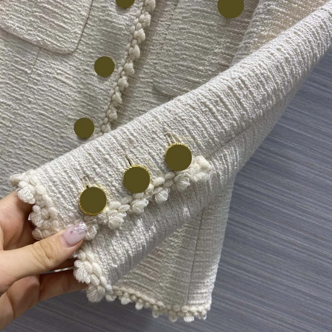 

Elegant Solid Tweed Jackets for Women Summer 2020 High-end Brand Wave Edge Long Sleeve Coats High Quality Blended Knitted Coats