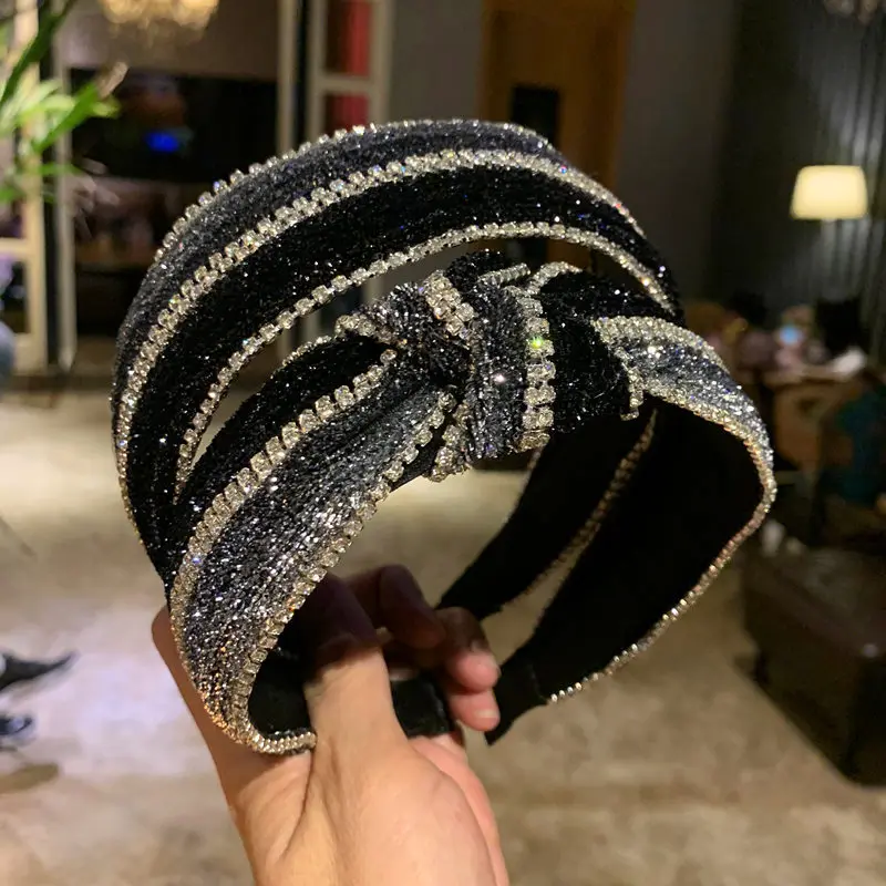 

New Crystal Striped Headbands Wide Hair Band Headdress Shiny Fabric Sparkly Full Rhinestone Knotted Hair Band Headwear Wholesale