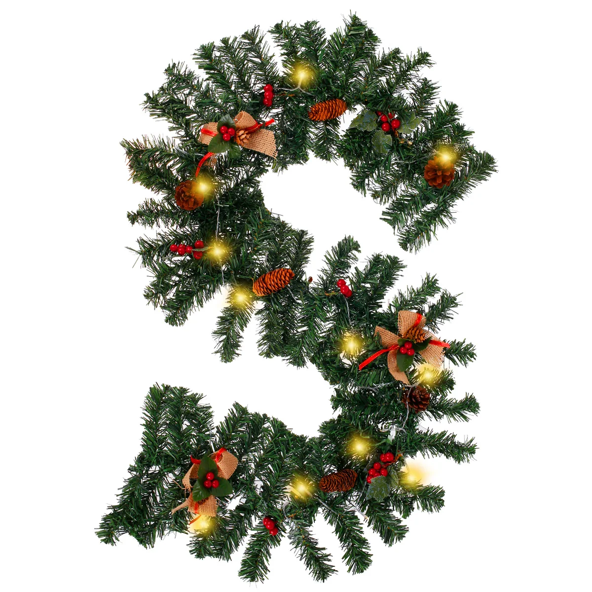 

Рождественская гирлянда со светодиодными огнями, 1,8 м, Сосновая гирлянда, красные ягоды, конусы, предварительно зажженная наружная искусств...