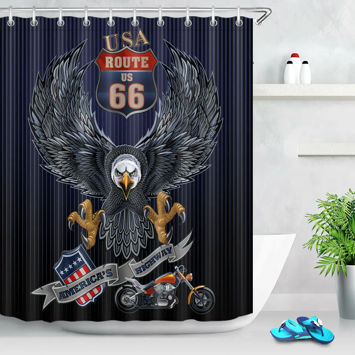 

Motorbike America's Highway Shower Curtain Set Bathroom Waterproof Fabric
