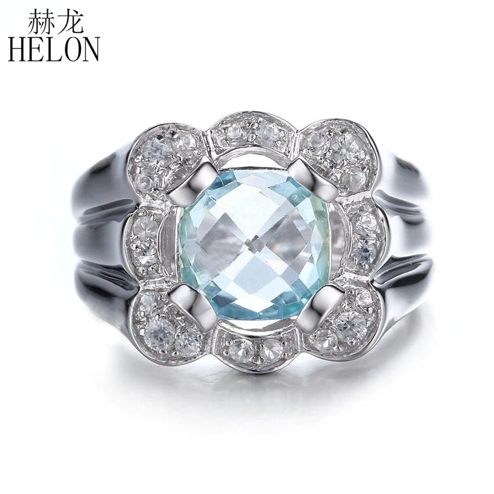 

HELON Sterling Silver 925 Flawless Cushion 8mm Natural Blue Topaz Engagement Ring AAA Graded Cubic Zirconia Wedding Party Ring