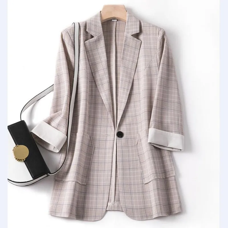 Women 2020 New Arrival Spring Autumn Plaid Suit Jackets Casual Thin Blazer Jacket Fashion Houndstooth Outerwear Tops | Женская одежда