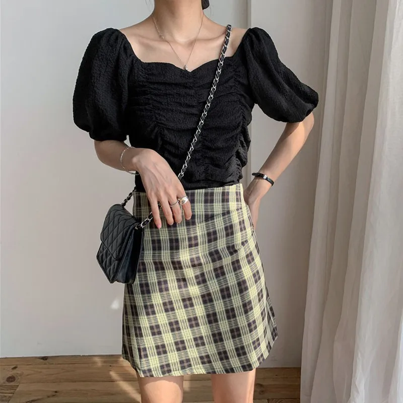 

French Style Elegant Women Blouses Solid Color Ladies Summer Short Sleeve Sweet Shirt Tops dropshipping