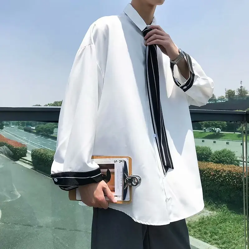 Мужская рубашка с длинным рукавом серая черная белая свободная M 3XL|Повседневные