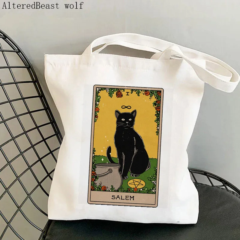 

Women Shopper bag Salem cat Tarot Printed Kawaii Bag Harajuku Shopping Canvas Shopper Bag girl handbag Tote Shoulder Lady Bag