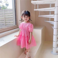 summer 2021 cute baby girls ruched short sleeve dress 1 6 years kids cotton casual pink princess dresses