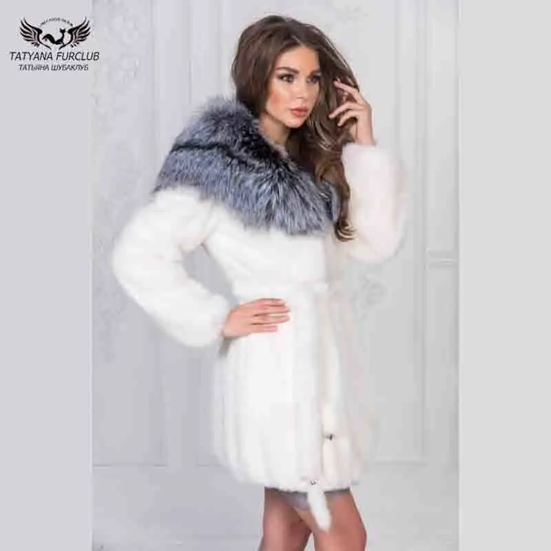 Tatyana furclub натуральное меховое пальто новое женское длинное пальто с лисьим меховым воротником натуральный мех с поясом белое меховое пальто норковая куртка серебристого цвета