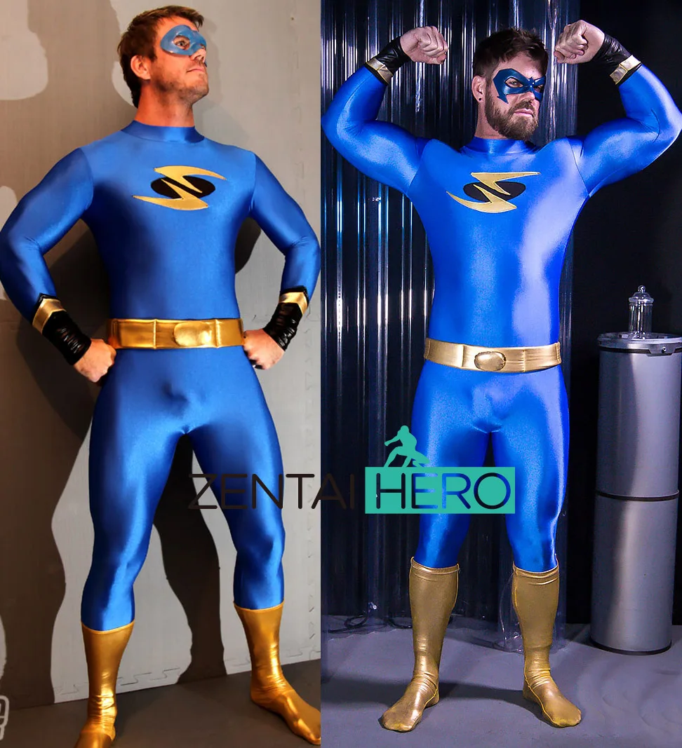 

Newest Halloween Royal Blue Superhero Cosplay Costume Spandex Zentai Catsuits Anime Man Boys Male Bodysuit Adults Kids Jumpsuit