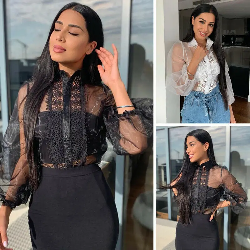 

Brand New Women Mesh Long Puff Sleeve Tops Shirt Blouse Ladies Sheer Sexy See-through Shirts Summer Cover ups Femme Camisa