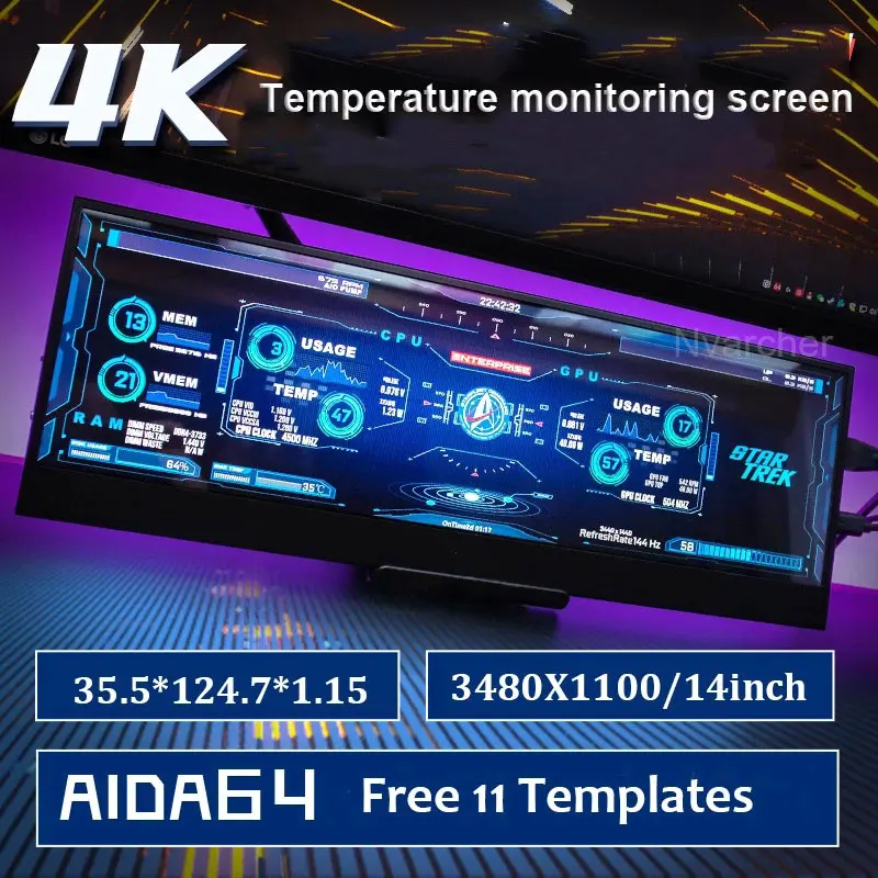 Wisecoco-pantalla 4K IPS de 14 pulgadas, 3840x1100, Control de temperatura, AIDA64 Pantalla din&aacute;mica, brillo ajustable para ordenador de escritorio-0