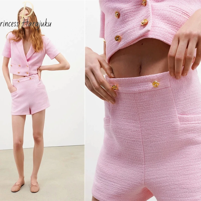 

Spring And Autumn Women Fashion With Buttons Tweed Cropped Blazer Coat Vintage Long Sleeve Female Outerwear Chic Veste Femme
