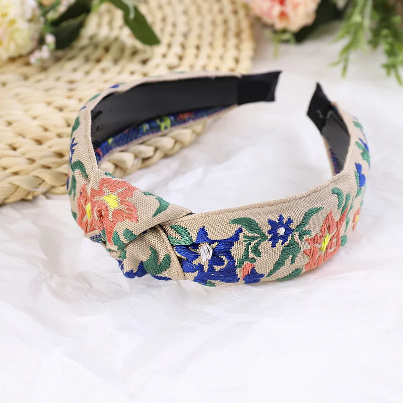 

New Embroidery Flower Headband Colorful Floral Print Bohemia Knot Hairband Ins Non-slip Headbands for Women Hair Accessories