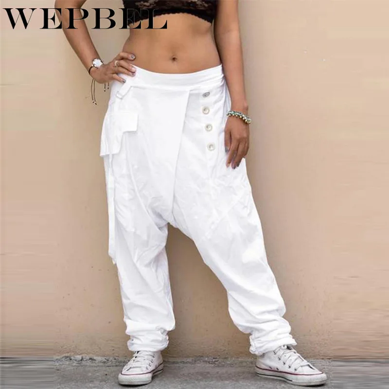 

WEPBEL Fashion Crotch Pants Solid Color Pockets Harem Pants Womens Casual Loose Elastic Low Waist Waist Drop Baggy Trousers Plus