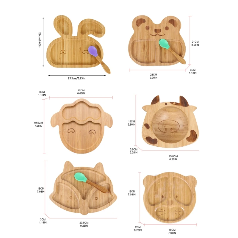 

2021 New Baby Infants Natural Bamboo Bowl Spoon Set Cartoon Animal Divided Dinner Plate