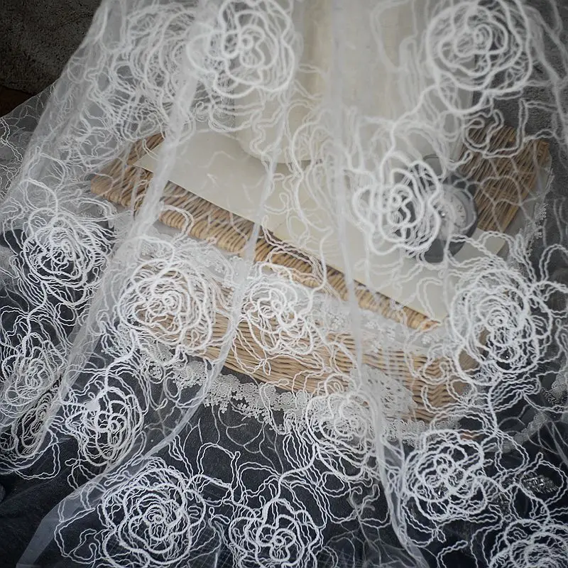 

Off White Mesh Embroidery Lace Fabric Summer Ladies Dress DIY Sewing Cloth 1 Yard Width 150cm