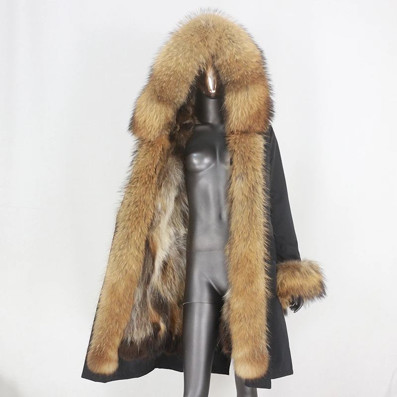 Женская длинная парка CXFS черная водонепроницаемая куртка со съемным натуральным