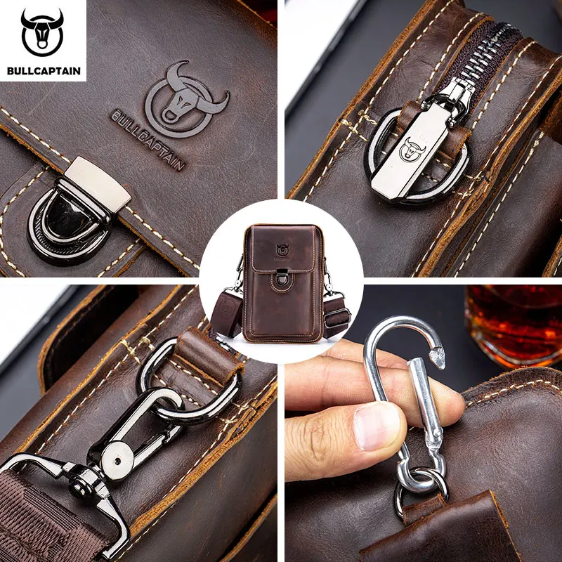 

Bullcaptain Crazy Horse Leather Male Waist Pack Phone Pouch Bags Waist Bag Men's Small Chest Shoulder Belt Bag Back Pack075