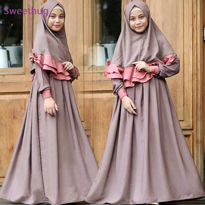 

2021 Muslim Kids Maxi Dress Children Abaya Hijab Scarf Print Girl Long Robe Gowns Kimono Cute Ramadan Middle East Arab Islamic