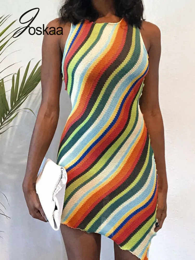 

Joskaa Striped O-Neck Knitted Tank Dresses Women Sleeveless Bodycon Irregular Dress Summer 2021 Elegant Party Club Mini Dress