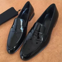 mens new handmade pu patent leather solid color pointed toe low heel business casual shoes retro classic wild loafers hm028