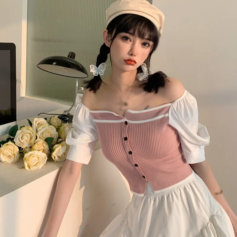 

Women's Square Collar Patchwork Slim Puff Sleeve Knitted Short Sweet Honey Sleeve Tops