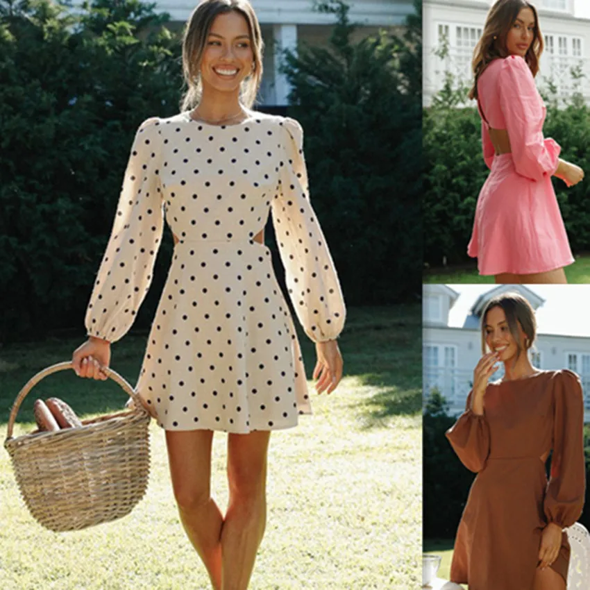

Dress For Women Early Autumn 2021 European American Hot Style Retro Polka Dot Fashion O Neck Halter Long Sleeve Holiday Dress