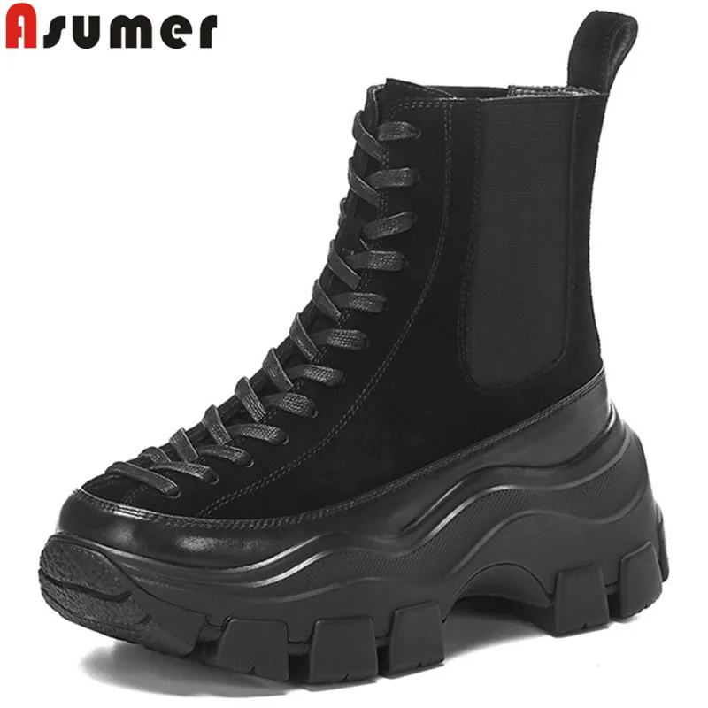 Женские ботильоны из натуральной кожи ASUMER на шнуровке с круглым носком плоской