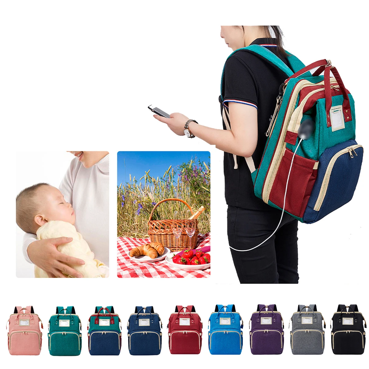 

Diaper Bag Multifunctional Baby Folding Bed Rucksack Mom Dads USB Backpack Maternity Nursing Handbag Stroller Traveling Knapsack