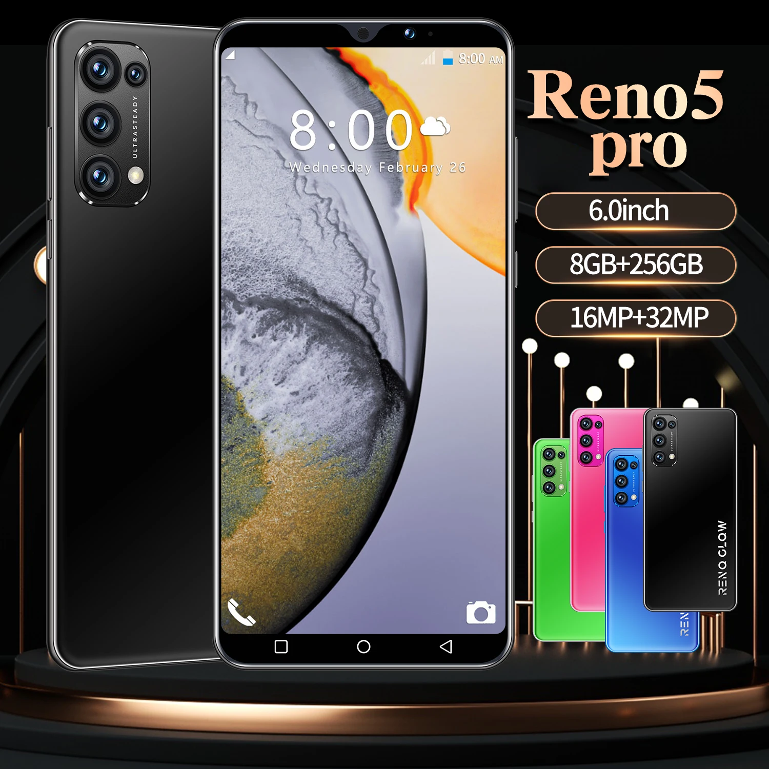

New Reno5 pro Smartphone 6.0 inch Screen MTK6889 Android 10.0 Dual Sim Cards Standby 16MP+32MP 8+256GB mobilephone