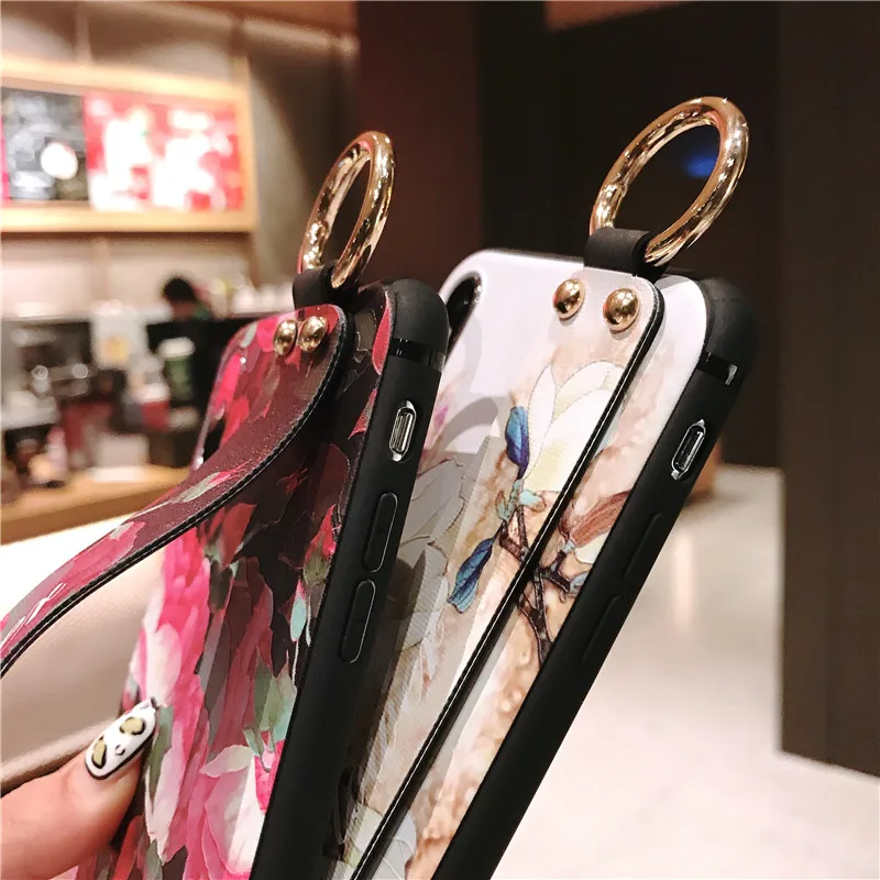 Wrist Strap For IPhone 7 8 6S Plus Phone Case Vintage Rose Wristband Flower Cases for Iphone 11pro X XR XS MAX Soft Covers |
