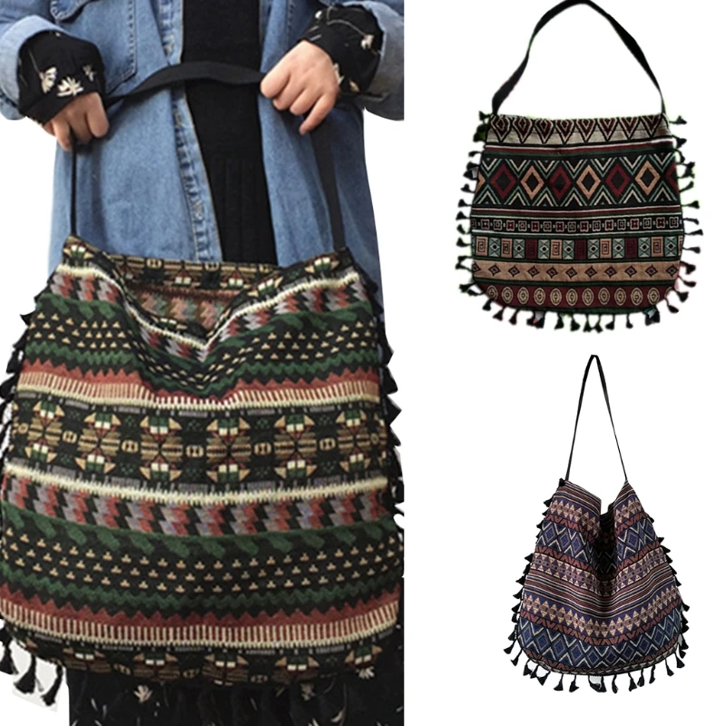 

Women Bohemian Vintage Single Shoulder Tote Bag Multicolor Geometric Striped Tassel Ethnic Large Capacity Handbag Purse