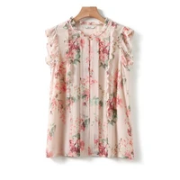 womens spring summer chiffon blouses shirt womens printed sleeveless button ruffles elegant casual tops sp190