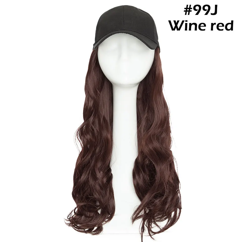 wine red Snoilite 1" волнистая бейсбольная кепка для волос удлиняющие синтетические волосы с черной кепкой интегрированная шапка с волосами для волос стиль девушки волос - Цвет: wine red