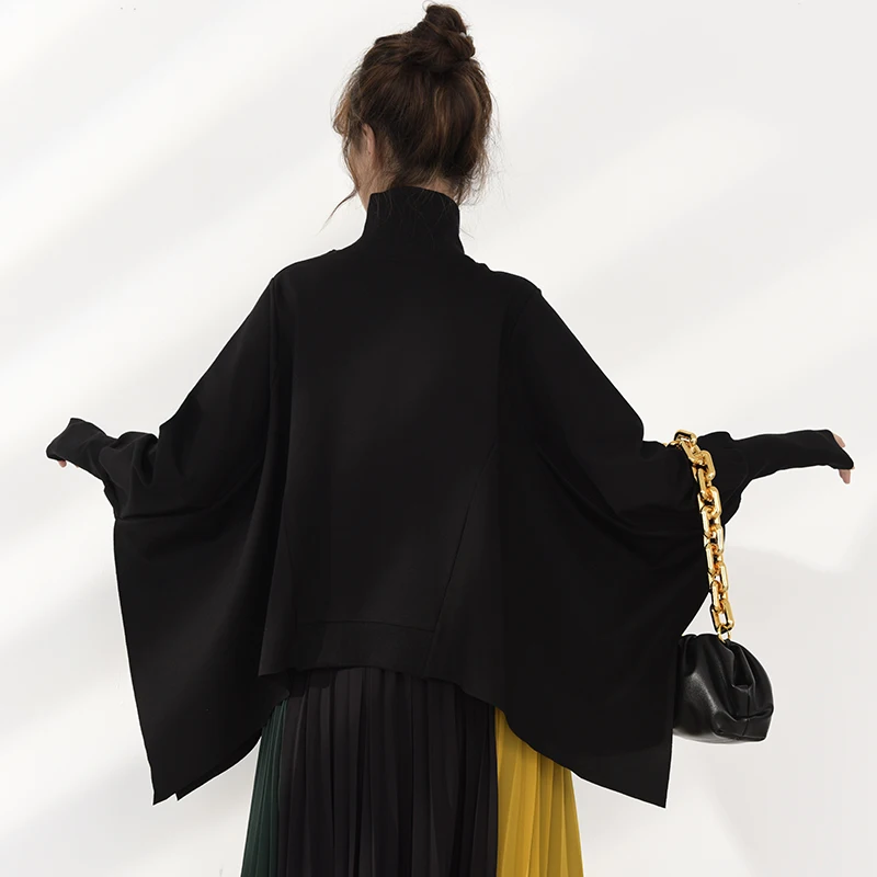 

Fit Irregular Loose Black Sweatshirt New Turtleneck Batwing Sleeve Women Big Size Fashion Tide Spring Autumn 2021 OA97101