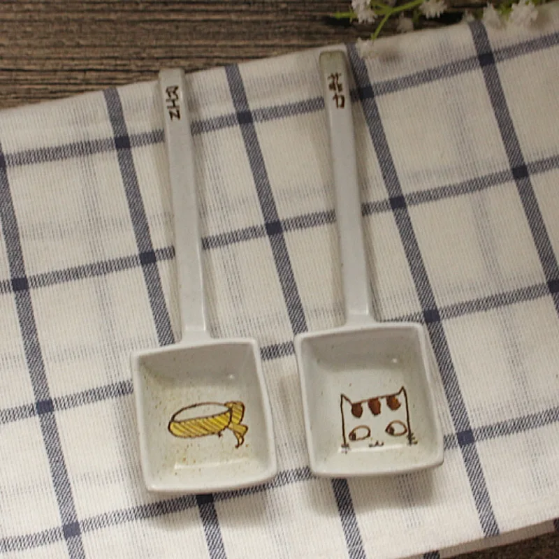 

1pc Cartoon Spoon Hand Painted Cat Ceramic Spoon Dessert Ice Cream Spoon Milk Powder Scoop Square Shovel Spoon Long Handle Spoon