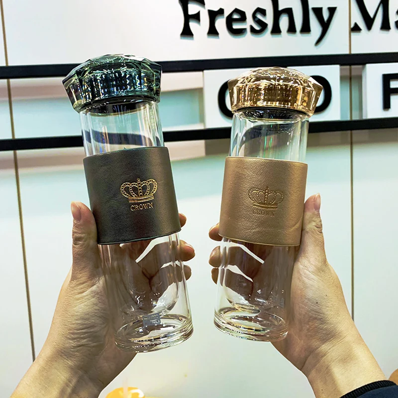 

Fashion Glass Water Bottle Crown Lid 230ml Double Wall Heat Resistant High Borosilicate Glass New Arrival Design