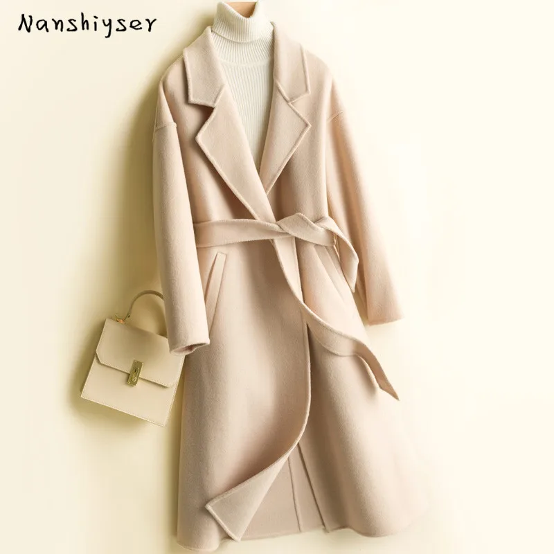 

Женское двухстороннее шерстяное пальто, приталенное пальто средней длины на шнуровке из чистой шерсти, Осень-зима 2021