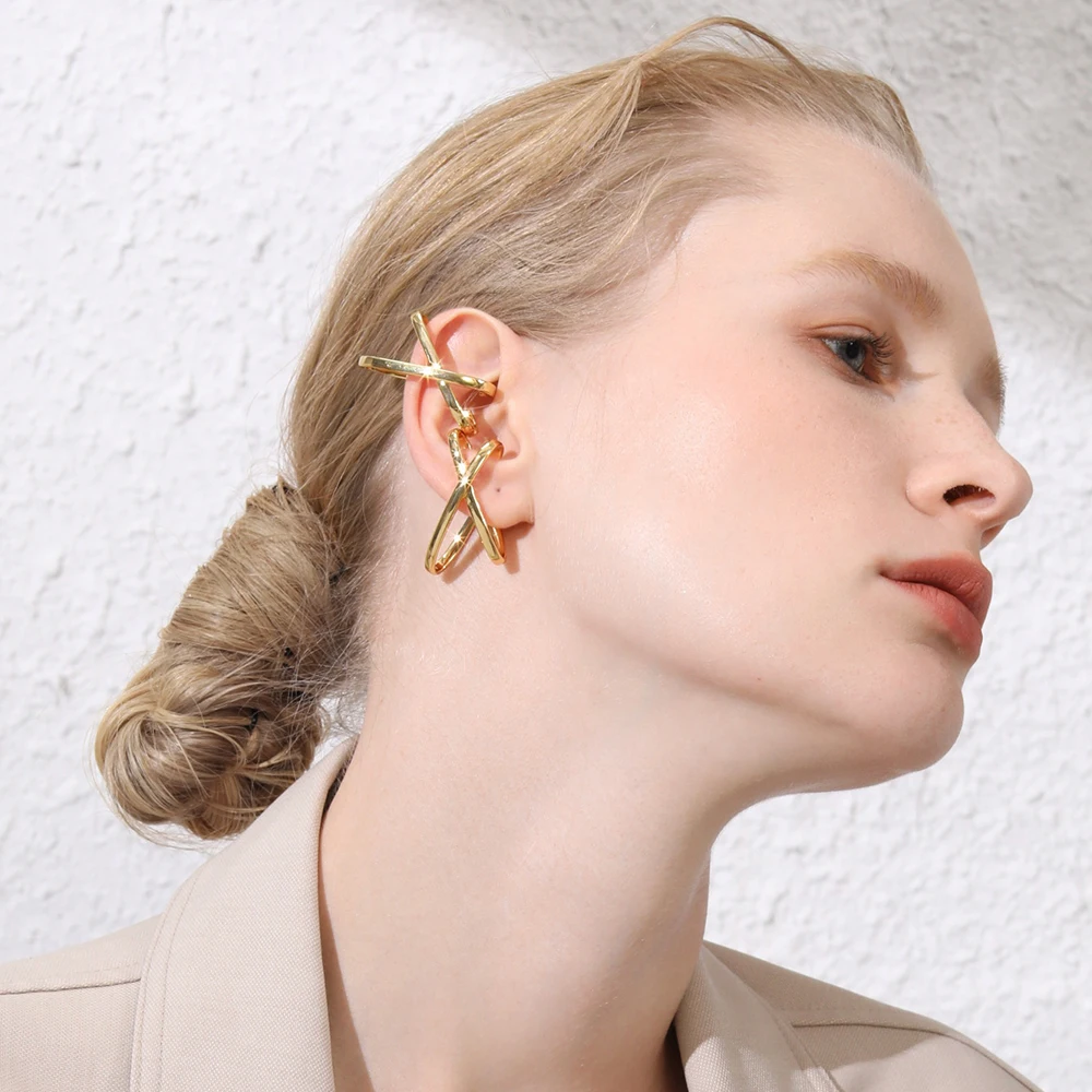 Женские простые серьги клипсы ENFASHION X Shape золотистые панковские геометрические