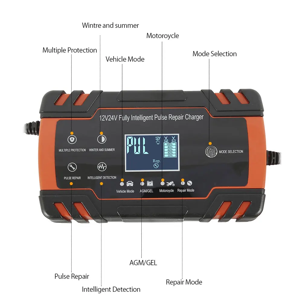 

12V-24V 8A Full Automatic Battery-chargers Digital LCD Display Car Battery Chargers Power Puls Repair Chargers Wet Dry Lead Acid